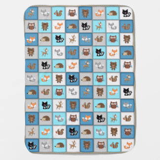 Woodland Patchwork Baby Animals Quiltlike *Blue Swaddle Blanket