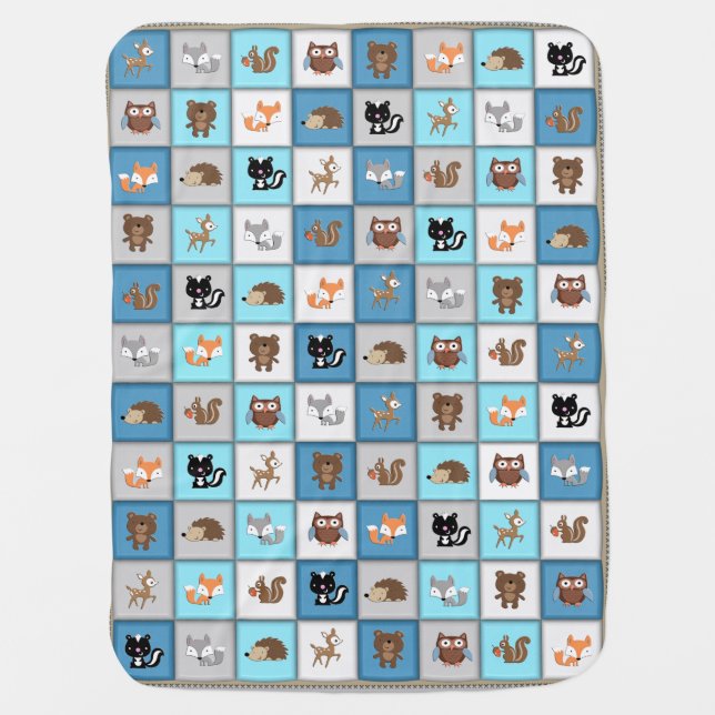 Woodland Patchwork Baby Animals Quiltlike *Blue Swaddle Blanket (Front)