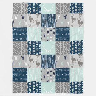 Woodland Patchwork Deer. - Mint/Navy/grey Fleece Blanket