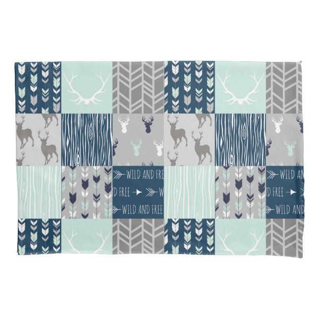 Woodland Patchwork in mint,navy, and grey Pillow Case (Front)