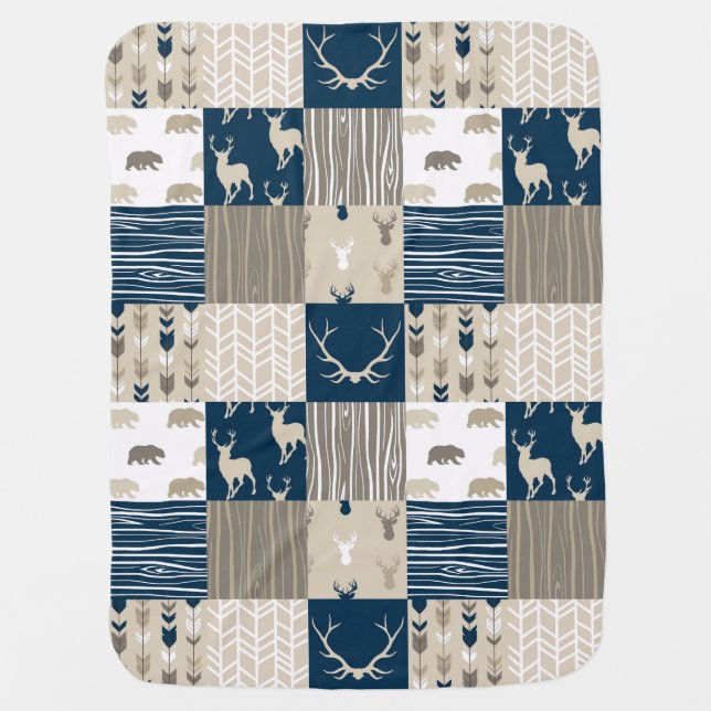 Woodland Patchwork in Navy and Tan Baby Blanket (Front)