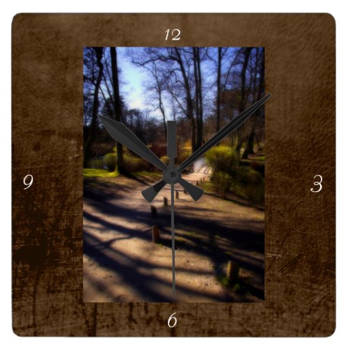 Woodland Path and Fairy Bridge, rustic look Square Wallclock