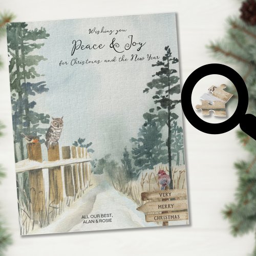 Woodland Path Optional Text Snowy Winter Christmas Jigsaw Puzzle