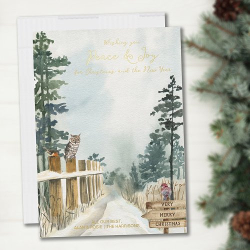 Woodland Path Peace and Joy Country Christmas Gold Foil Holiday Card