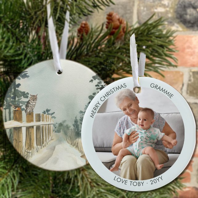 Woodland Path Watercolor Personalized Photo Ceramic Ornament (Creator Uploaded)