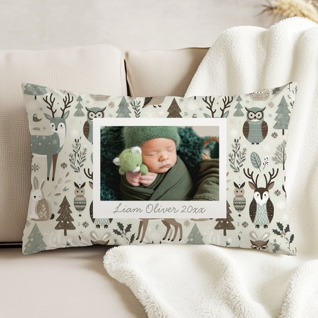 Woodland Pattern Green Brown Custom Photo Nursery Accent Pillow (Creator Uploaded)