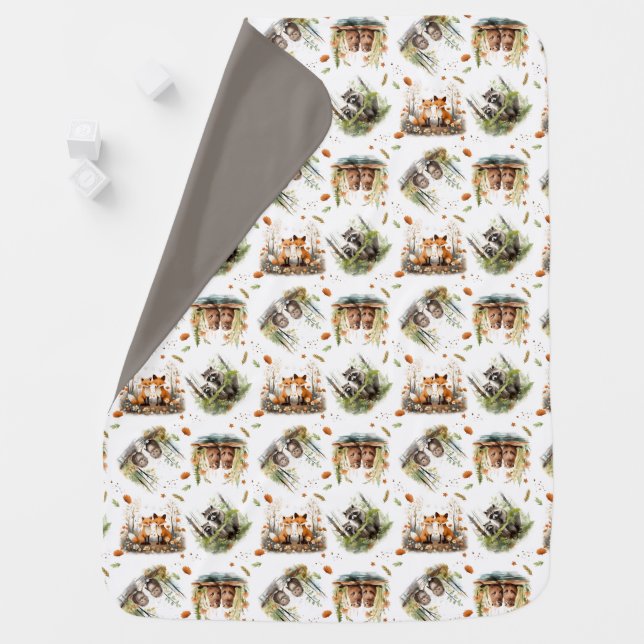 Woodland Pattern Raccoon Porcupine Fox Beaver Baby Blanket (In Situ)