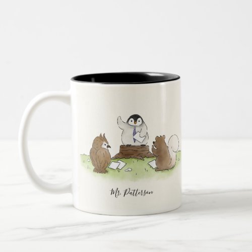 Woodland Penguin Teacher School Personalized Name Two_Tone Coffee Mug