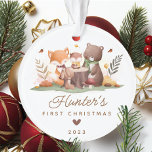 Woodland Photo Baby's First Christmas Ornament<br><div class="desc">This cute baby's first Christmas ornament features woodland animals, including a fox, bunny rabbit, owl, and bear. The ornament can be easily personalized with the baby's name, date, and photo. The design is simple and whimsical, with the woodland animals arranged around a tree log. The ornament is perfect for celebrating...</div>