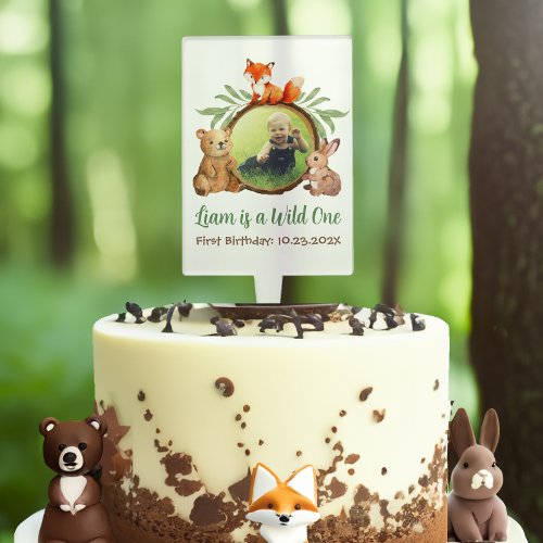 Woodland Photo Wild One Cute Animals 1st Birthday Cake Topper