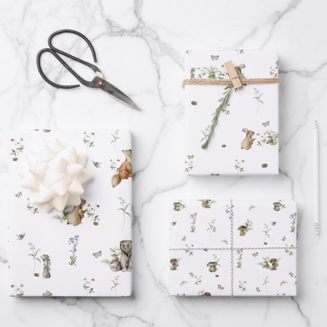 Woodland Picnic | Forest Animals Baby Shower Wrapping Paper Sheets (Front)