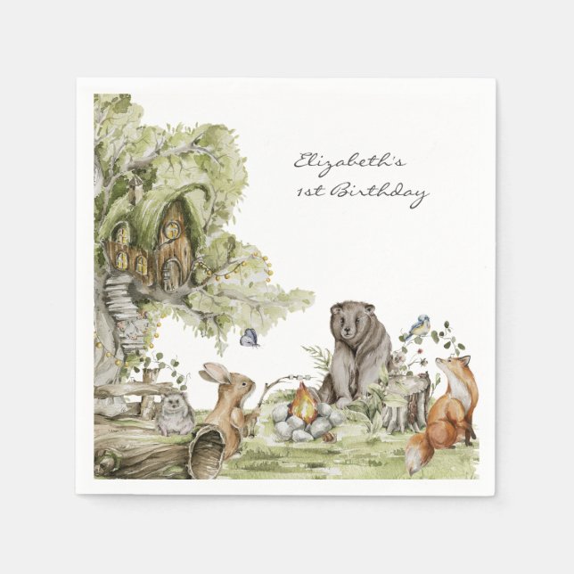 Woodland Picnic | Forest Animals Birthday Party Napkins (Front)