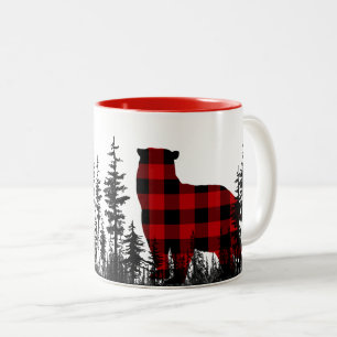Woodland Pine Forest Buffalo Plaid Bear Two-Tone Coffee Mug