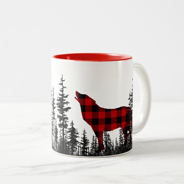 Woodland Pine Forest Buffalo Plaid Howling Wolf Two-Tone Coffee Mug (Front Right)