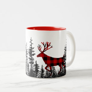 Woodland Pine Forest Buffalo Plaid Stag Deer Two-Tone Coffee Mug