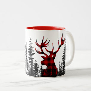 Woodland Pine Forest Buffalo Plaid Stag Head Two-Tone Coffee Mug