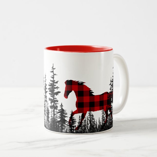 Woodland Pine Forest Buffalo Plaid Wild Horse Two-Tone Coffee Mug (Front Right)
