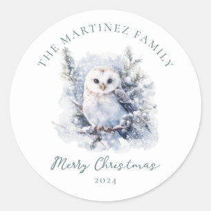 Woodland Pine Forest Owl Merry Christmas Classic Round Sticker