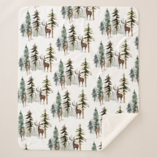 Woodland Pine Forest Reindeer Stag & Doe Sherpa Blanket