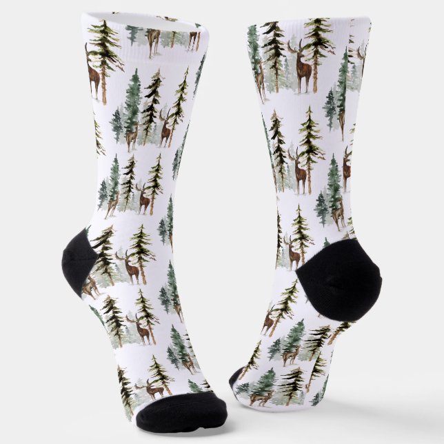 Woodland Pine Forest Reindeer Stag & Doe Socks (Angled)