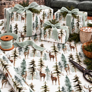 Woodland Pine Forest Reindeers Stag & Doe Deer  Wrapping Paper