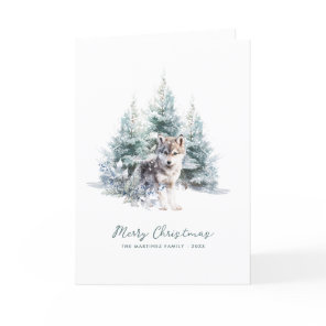 Woodland Pine Forest Wolf Merry Christmas Folded Holiday Card