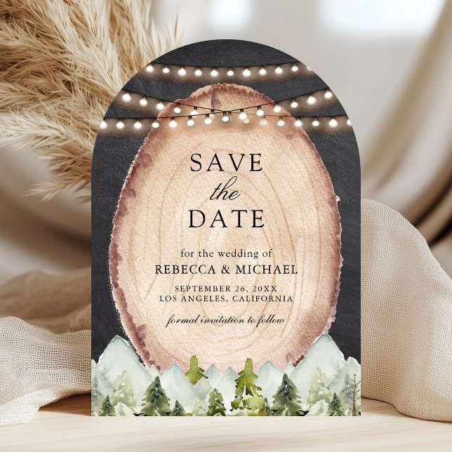 Woodland Pine Forest Wood Slice Photo Wedding Save The Date (Creator Uploaded)