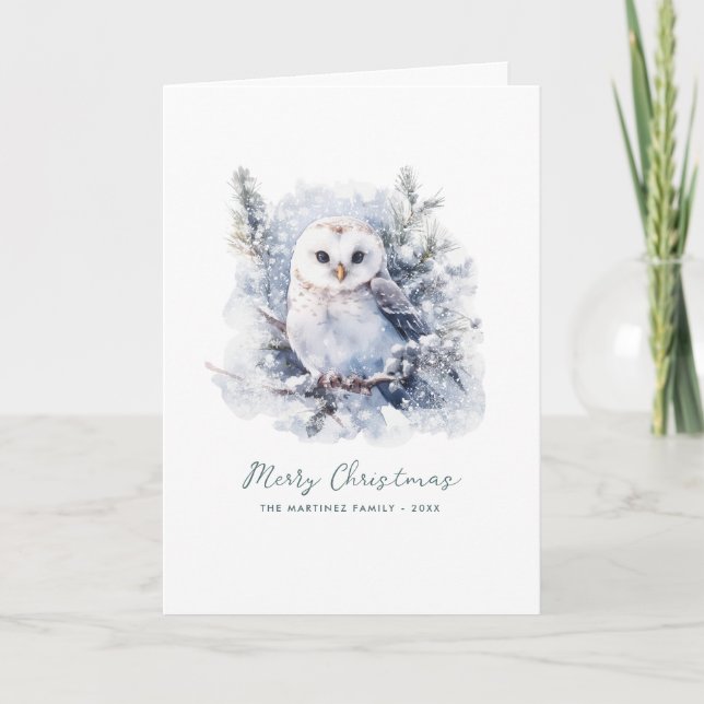 Woodland Pine Owl Merry Christmas Folded Card (Front)
