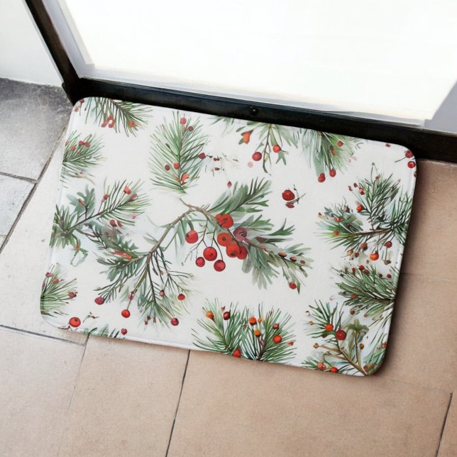 Woodland Pine & Red Berries Holiday Design Bath Mat (Creator Uploaded)