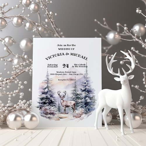 Woodland Pine Trees Deer Snow Mountain Wedding Invitation