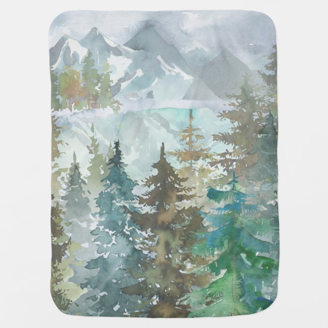 Woodland Pine Trees Mountain Baby Blanket Quilt (Front)