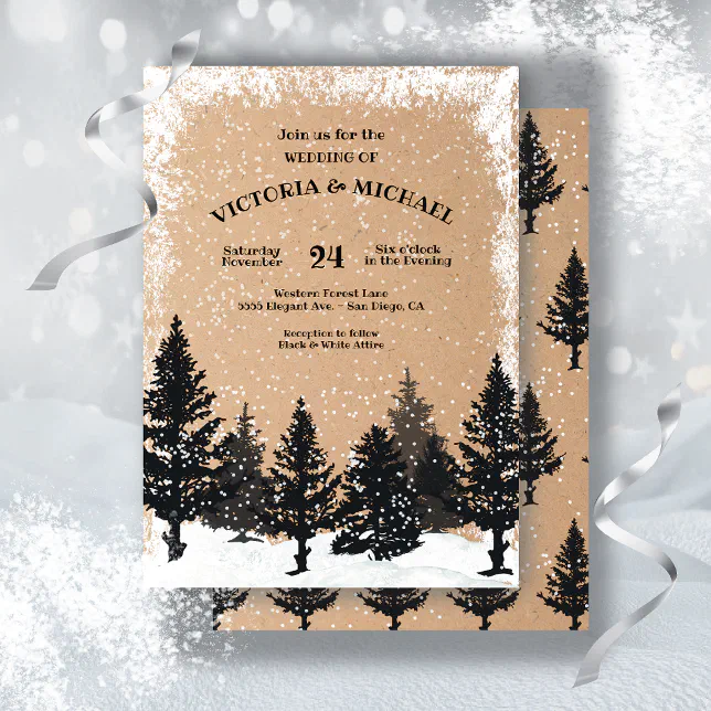 Woodland Pine Trees Snowy Winter Wedding Invitation | Zazzle