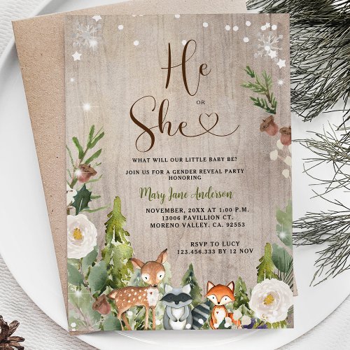 Woodland Pine Trees Winter Gender Reveal Invitation