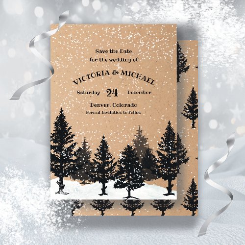 Woodland Pine Trees Winter Snow Save the Date Invitation