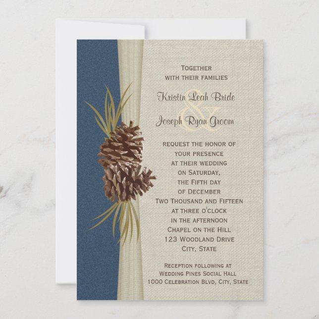 Woodland Pines Navy Blue Wedding Invitation (Back)