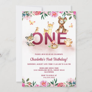 Woodland Pink 1st Birthday Invitation
