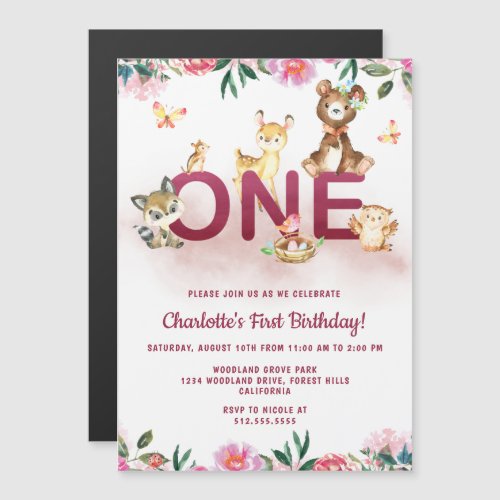 Woodland Pink 1st Birthday Magnetic Invitation