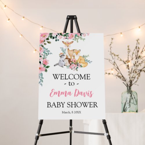 Woodland Pink Animals Baby Shower Welcome Sign