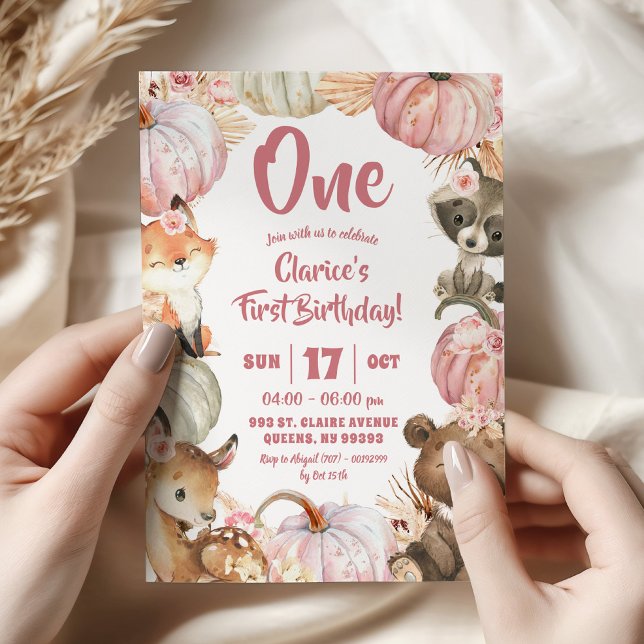 Woodland Pink Boho Pumpkin Girl 1st Birthday Invitation (Creator Uploaded)