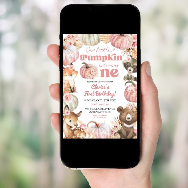 Woodland Pink Boho Pumpkin Girl 1st Birthday Invitation (Front Digital)