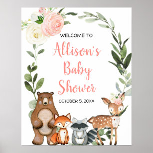 Woodland pink floral baby shower welcome sign
