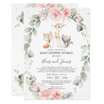 Woodland Pink Floral Greenery Baby Shower by Mail Invitation Woodland Pink Floral Greenery Baby Shower by Mail Invitation