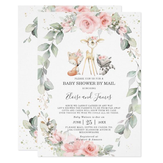 Woodland Pink Floral Greenery Baby Shower by Mail Invitation