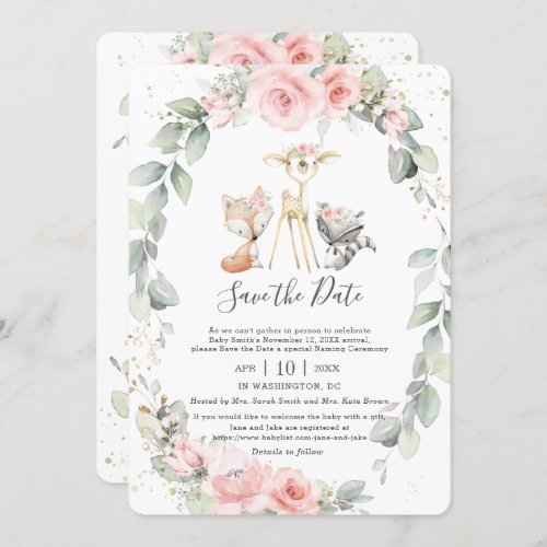 Woodland Pink Floral Save the Date Baby Naming Invitation