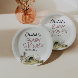Woodland Pink Girl Deer Forest Animal Baby Shower Paper Plates