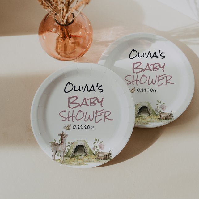 Woodland Pink Girl Deer Forest Animal Baby Shower Paper Plates (Creator Uploaded)