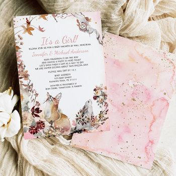 Woodland Pink Girl Fox Bunny Baby Shower By Mail Invitation by MaggieMart at Zazzle