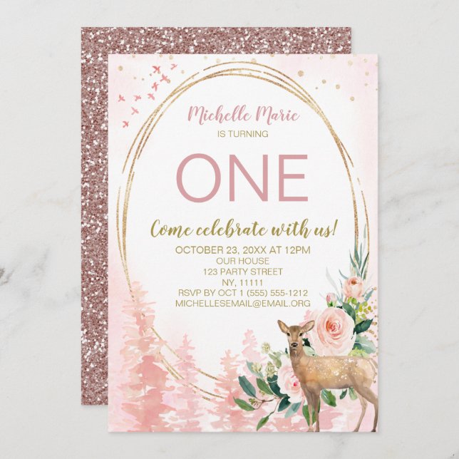 Woodland Pink Gold Floral First Birthday Invitation (Front/Back)