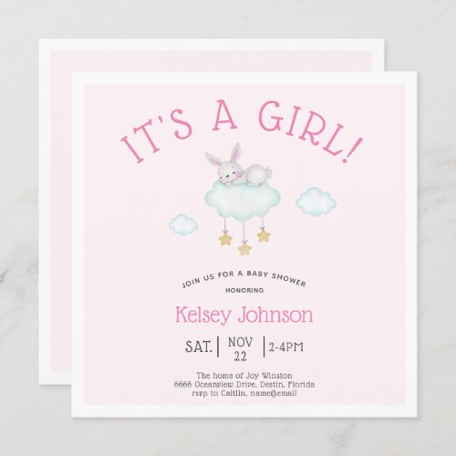 Woodland Pink Its a Girl Bunny Baby Shower Invitation