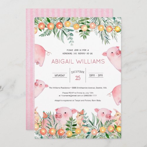 Woodland Pink Pig  Rabbit Baby Shower Invitation